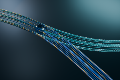 Linhas azuis e douradas formam um fluxo de dados em uma representação digital abstrata.