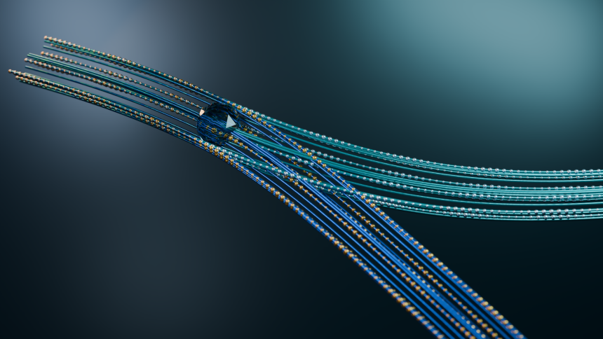 Linhas azuis e douradas formam um fluxo de dados em uma representação digital abstrata.